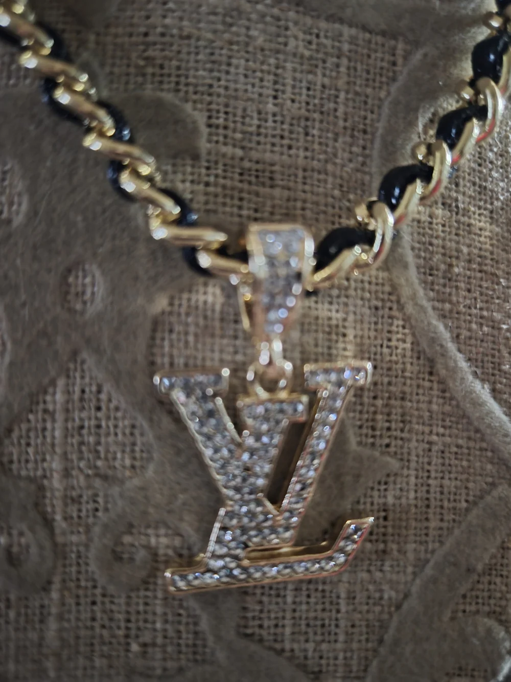 Louis Vuitton Gold and Black Braided Chain Necklace with Crystal LV Pendant